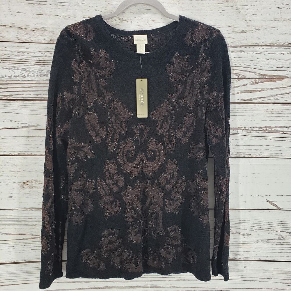 Chico's New Women's Black Metallic Brocade Pullover Sweater Size 1